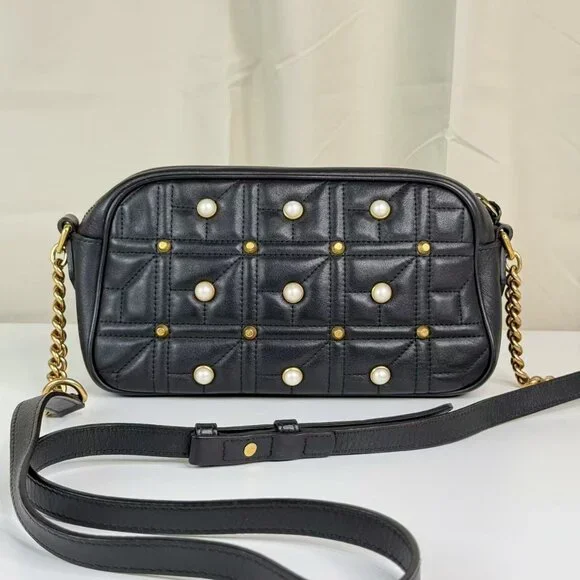 Gucci Black Leather Marmont Shoulder Bag Crossbody with Pearl Embellished - Picture 3 of 9